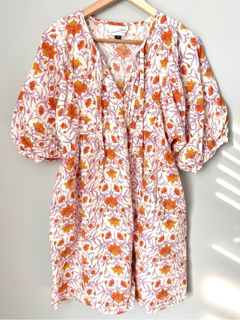 Floral V-Neck Puff Sleeve Flowy Mini Day Dress with Pockets- Orange & Purple